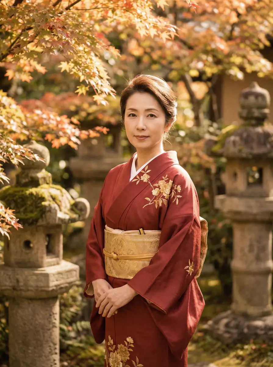 一位身穿暗红色和服的优雅 志村玲子 在日式庭院中